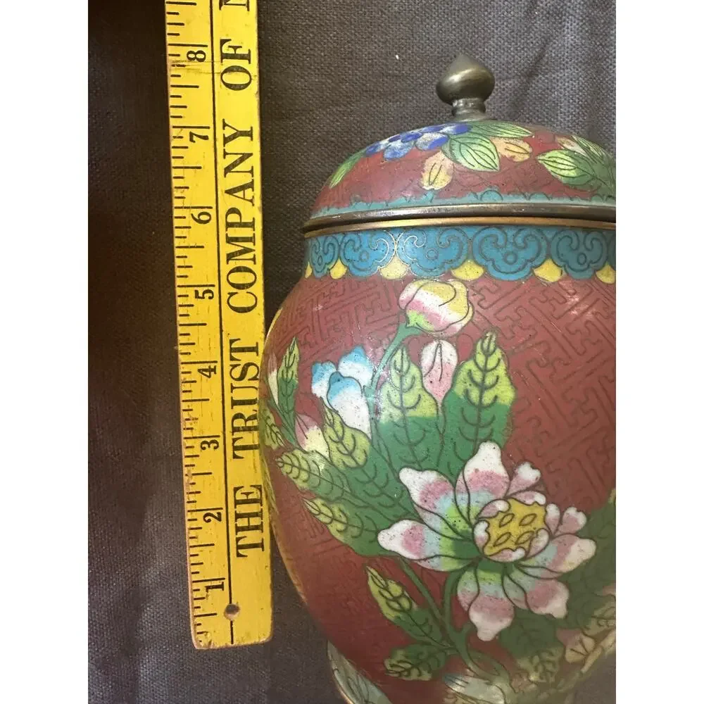 Vintage Chinese Cloisonné Enamel Ginger Jar Flowers  8” rust blue turquoise